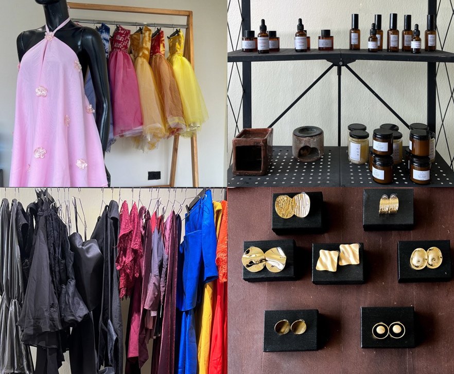 Grid of four pop-up moments: a pink halter dress on a mannequin, shelves of oils and candles, a colourful clothing rail and gold earrings on display